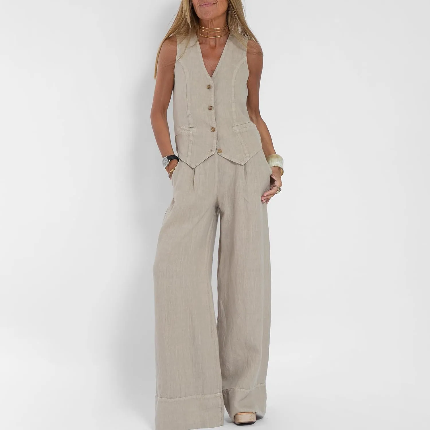 Womens Cotton Linen 2 Piece Outfit Sleeveless Suit Button V-Neck Vest and Wide Leg Pants Casual Blazer Matching Sets