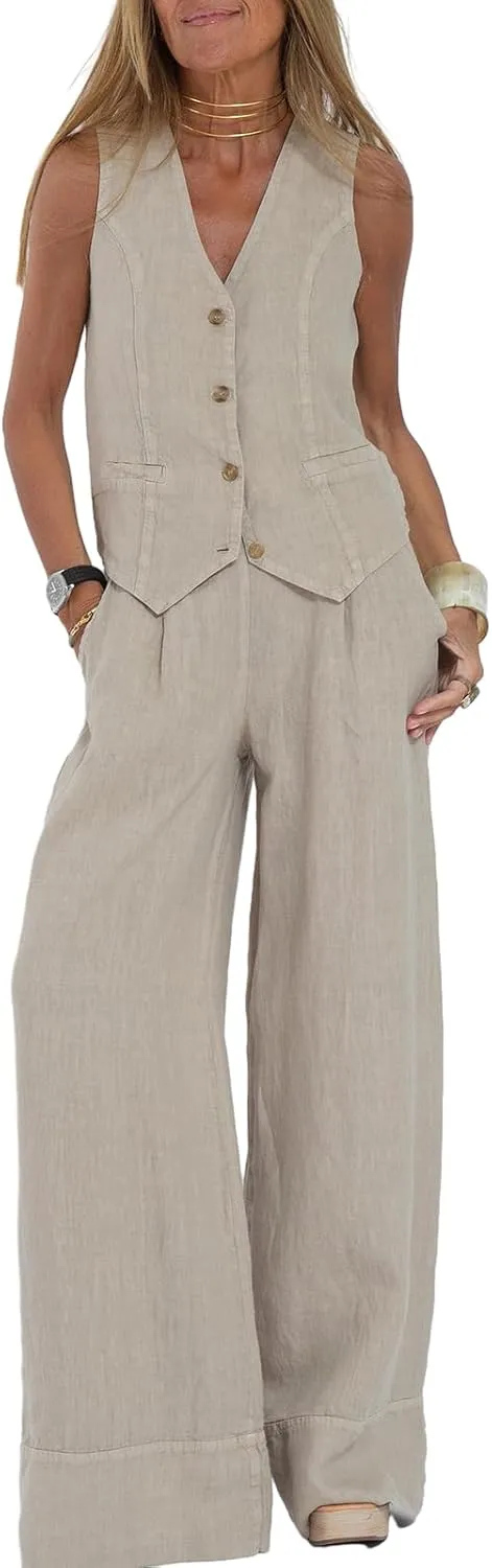 Womens Cotton Linen 2 Piece Outfit Sleeveless Suit Button V-Neck Vest and Wide Leg Pants Casual Blazer Matching Sets