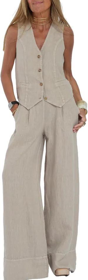 Womens Cotton Linen 2 Piece Outfit Sleeveless Suit Button V-Neck Vest and Wide Leg Pants Casual Blazer Matching Sets