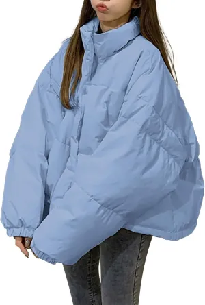 Womens Cropped Puffer Jackets Oversized Fashion Down Jacket Winter Stand Collar Zip Solid Snaps Fluffy Quilted Jacket