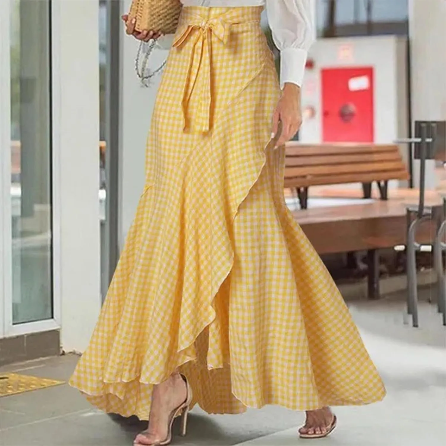 Women's Elegant Maxi Skirts High Waisted Mermaid Skirts A Line Flowy Skirts Ruffle Hem Long Wedding Guest Skirts