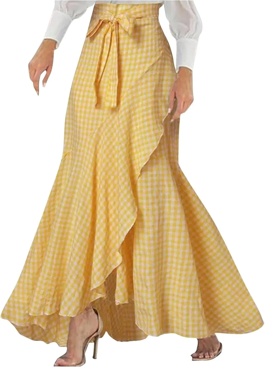 Women's Elegant Maxi Skirts High Waisted Mermaid Skirts A Line Flowy Skirts Ruffle Hem Long Wedding Guest Skirts
