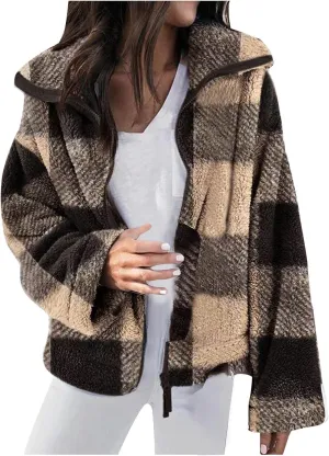 Womens Fleece Shacket Jacket 2024 Full Zip Up Lapel Casual Outfits Plaid Cropped Jackets Thermal Fall Outerwear Tops
