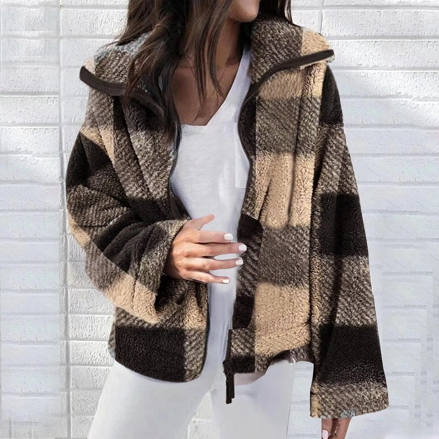 Womens Fleece Shacket Jacket 2024 Full Zip Up Lapel Casual Outfits Plaid Cropped Jackets Thermal Fall Outerwear Tops