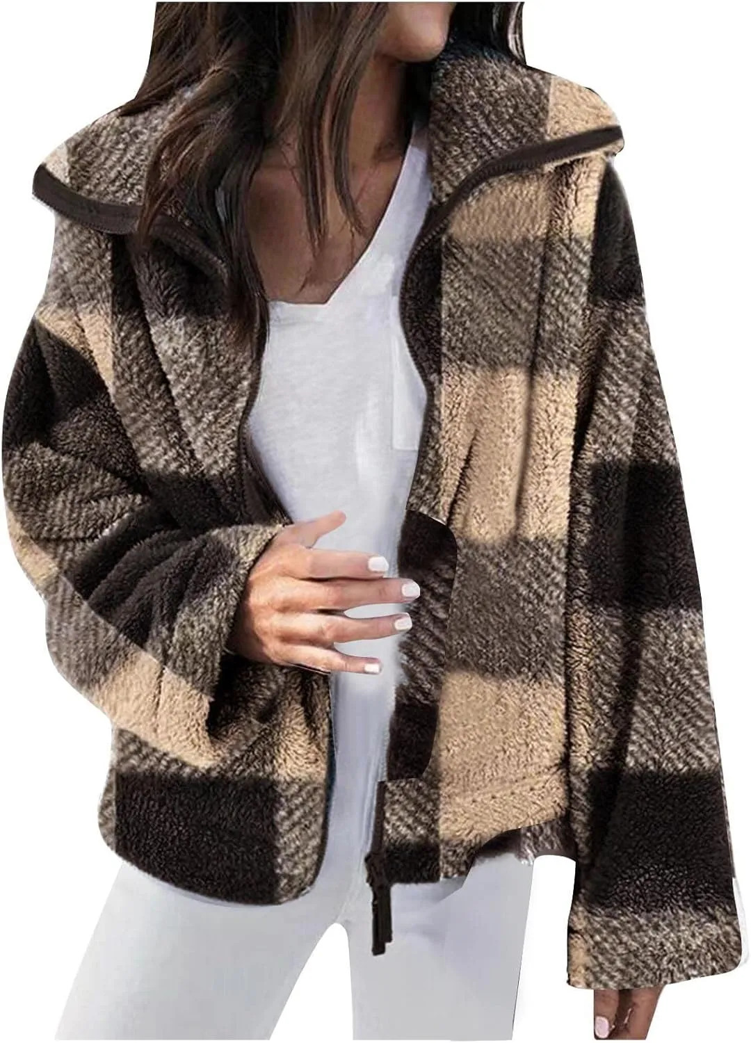 Womens Fleece Shacket Jacket 2024 Full Zip Up Lapel Casual Outfits Plaid Cropped Jackets Thermal Fall Outerwear Tops