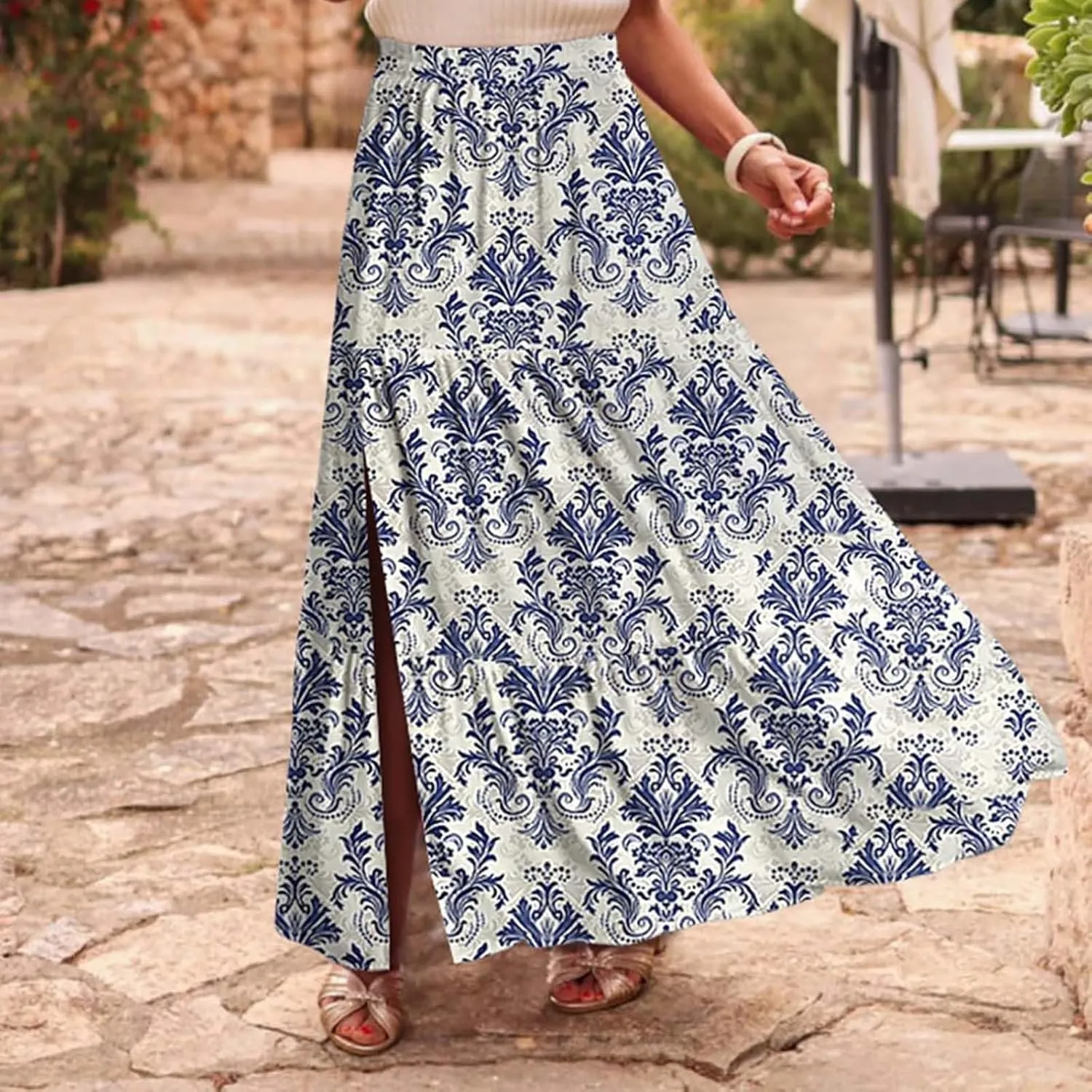 Women's Floral Long Skirts Split Summer Skirts Elastic Waist Flowy Maxi Skirt A Line Beach Skirts Boho Casual Skirts