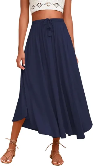 Womens Flowy Pleated Skirts Summer Casual Elastic High Waisted Skirt Trendy Boho Flared A Line Maxi Skirts 2025