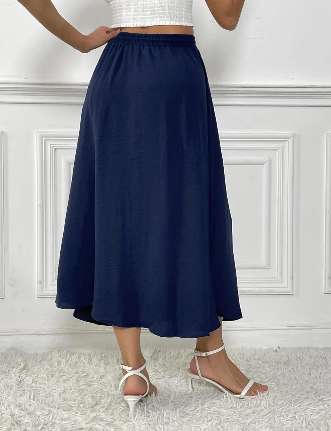 Womens Flowy Pleated Skirts Summer Casual Elastic High Waisted Skirt Trendy Boho Flared A Line Maxi Skirts 2025