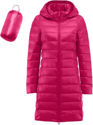 Women's Hooded Ultra Light Weight Coat Long Packable Outwear Puffer Down Jacket Lightweight Full-Zip Puffer Jacket