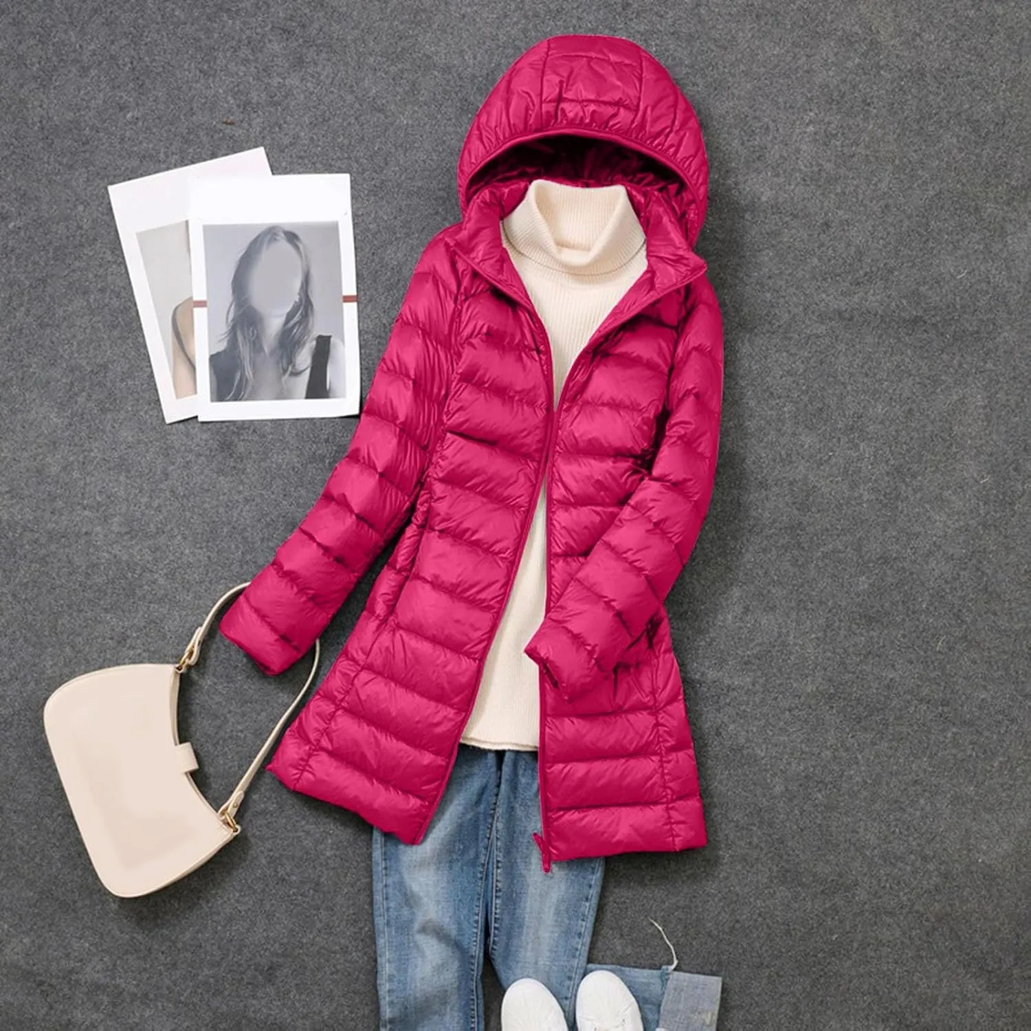 Women's Hooded Ultra Light Weight Coat Long Packable Outwear Puffer Down Jacket Lightweight Full-Zip Puffer Jacket