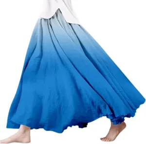 Womens Linen Maxi Skirts Summer Boho Beach Dresses Solid Elastic High Waist Pleated Skirts A-Line Flowy Swing Skirt