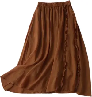 Womens Linen Maxi Skirts Summer Boho Beach Dresses Solid Elastic High Waist Pleated Skirts A-Line Flowy Swing Skirt
