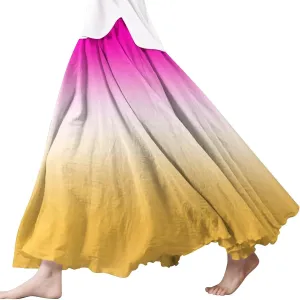 Womens Linen Maxi Skirts Summer Boho Beach Dresses Solid Elastic High Waist Pleated Skirts A-Line Flowy Swing Skirt