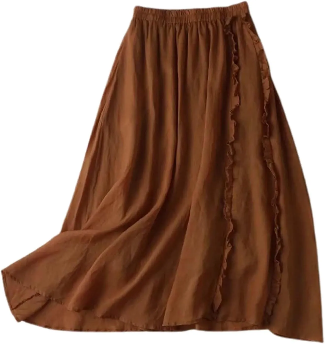Womens Linen Maxi Skirts Summer Boho Beach Dresses Solid Elastic High Waist Pleated Skirts A-Line Flowy Swing Skirt