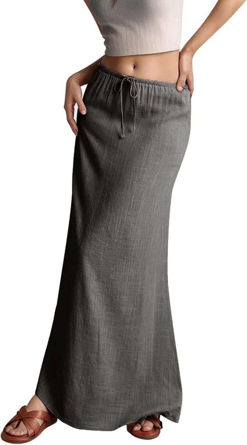 Womens Linen Maxi Skirts Summer Elastic Waist Drawstring A Line Long Flared Skirts Vacation Boho Flowy Skirt