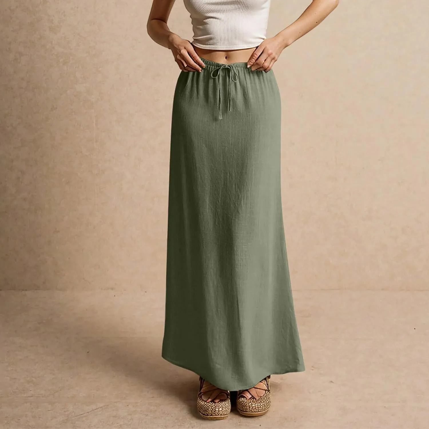 Womens Linen Maxi Skirts Summer Elastic Waist Drawstring A Line Long Flared Skirts Vacation Boho Flowy Skirt