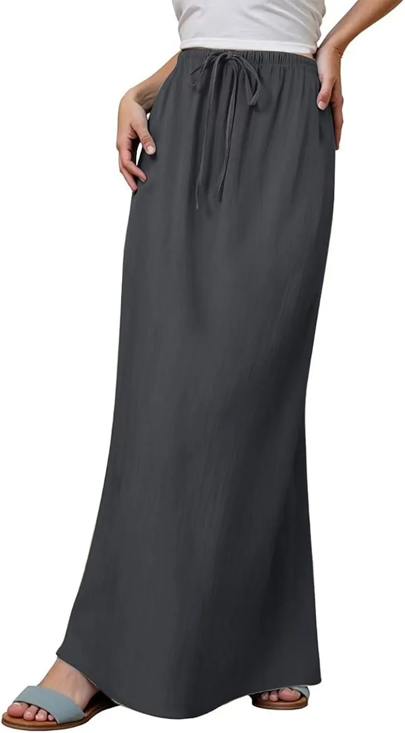 Womens Linen Maxi Skirts Summer Elastic Waist Drawstring A Line Long Flared Skirts Vacation Boho Flowy Skirt