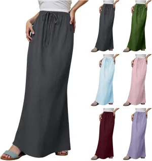 Womens Linen Maxi Skirts Summer Elastic Waist Drawstring A Line Long Flared Skirts Vacation Boho Flowy Skirt