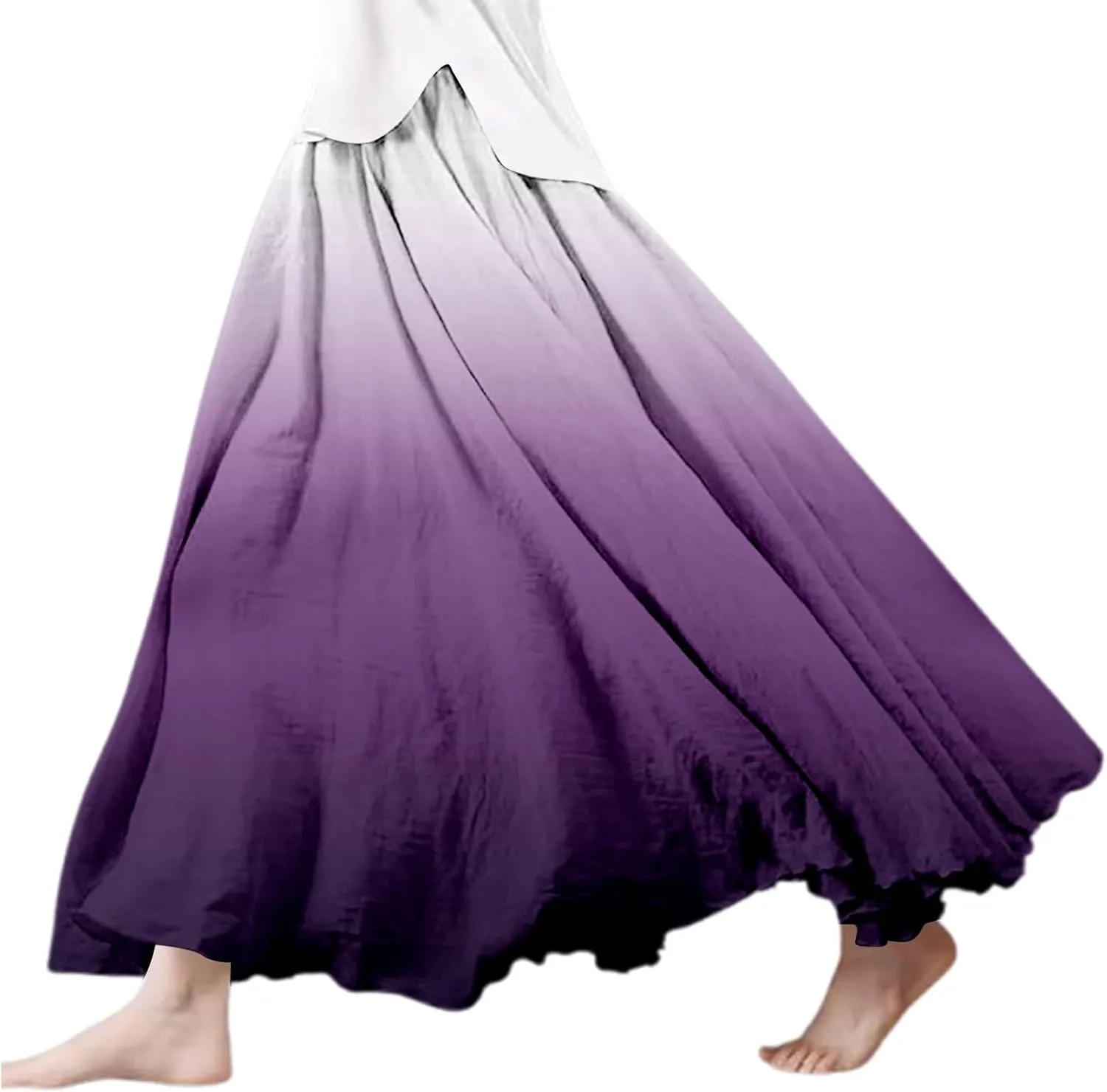 Womens Linen Maxi Skirts Summer Elastic Waist Drawstring A Line Long Flared Skirts Vacation Boho Flowy Skirt