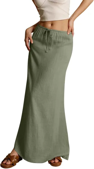 Womens Linen Maxi Skirts Summer Elastic Waist Drawstring A Line Long Flared Skirts Vacation Boho Flowy Skirt
