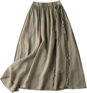 Womens Linen Maxi Skirts Summer Elastic Waist Drawstring A Line Long Flared Skirts Vacation Boho Flowy Skirt
