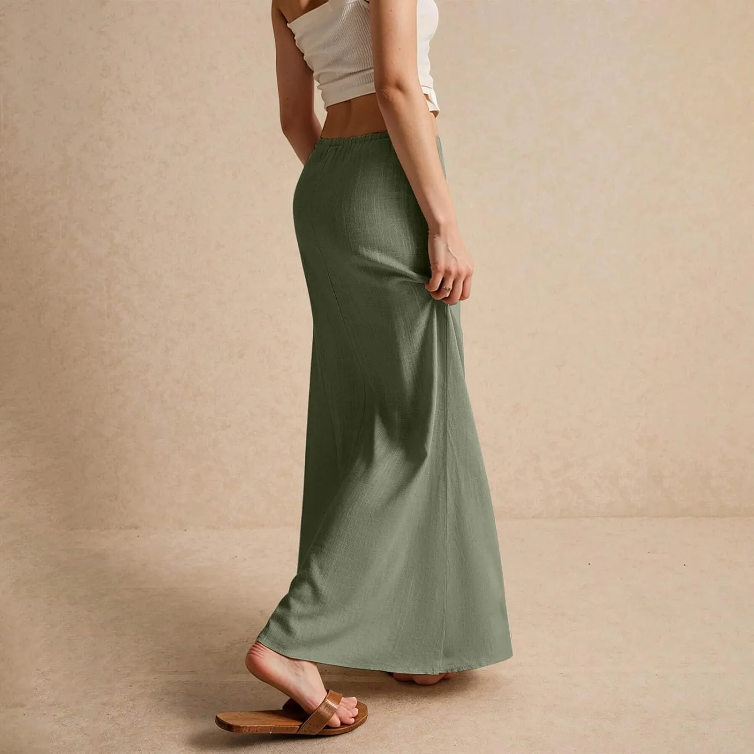 Womens Linen Maxi Skirts Summer Elastic Waist Drawstring A Line Long Flared Skirts Vacation Boho Flowy Skirt