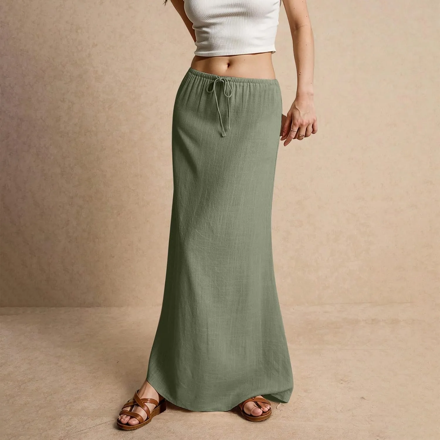 Womens Linen Maxi Skirts Summer Elastic Waist Drawstring A Line Long Flared Skirts Vacation Boho Flowy Skirt