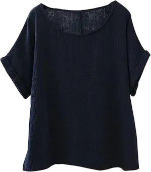 Women's Linen Patchwork Shirt Womens Short Sleeve Tee Shirts Pleated Dressy Casual Neck Summer Tops Blouses