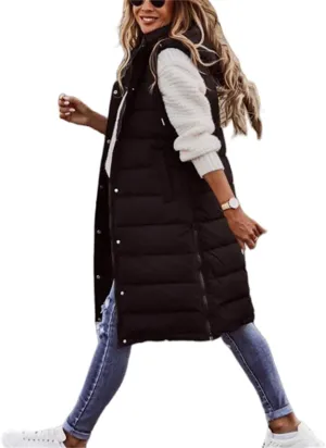 Womens Long Puffer Vest with Hood Fleece Sherpa Lined Jacket Casual Sleeveless Hooded Zip Up Quilted Vest Jacket