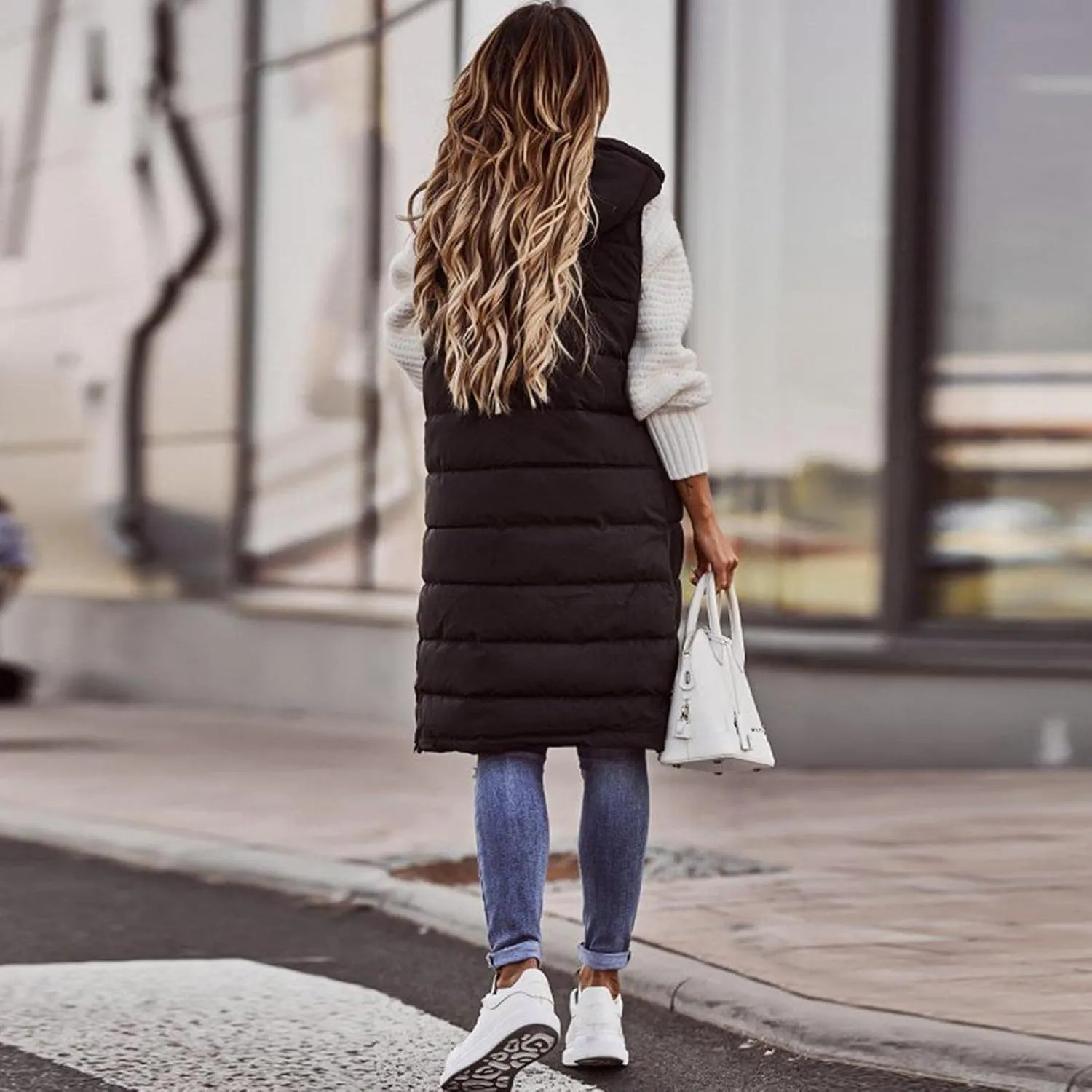 Womens Long Puffer Vest with Hood Fleece Sherpa Lined Jacket Casual Sleeveless Hooded Zip Up Quilted Vest Jacket
