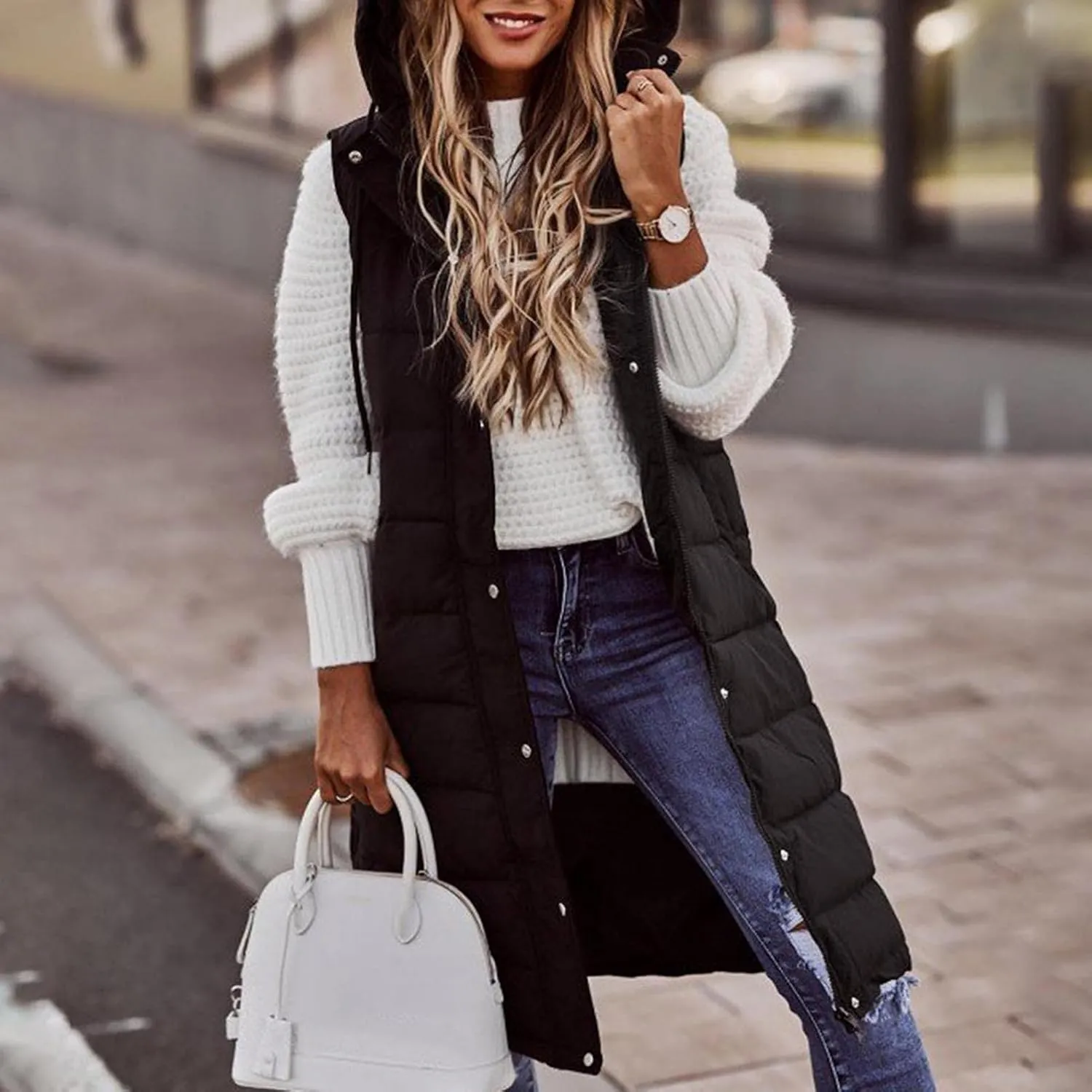 Womens Long Puffer Vest with Hood Fleece Sherpa Lined Jacket Casual Sleeveless Hooded Zip Up Quilted Vest Jacket