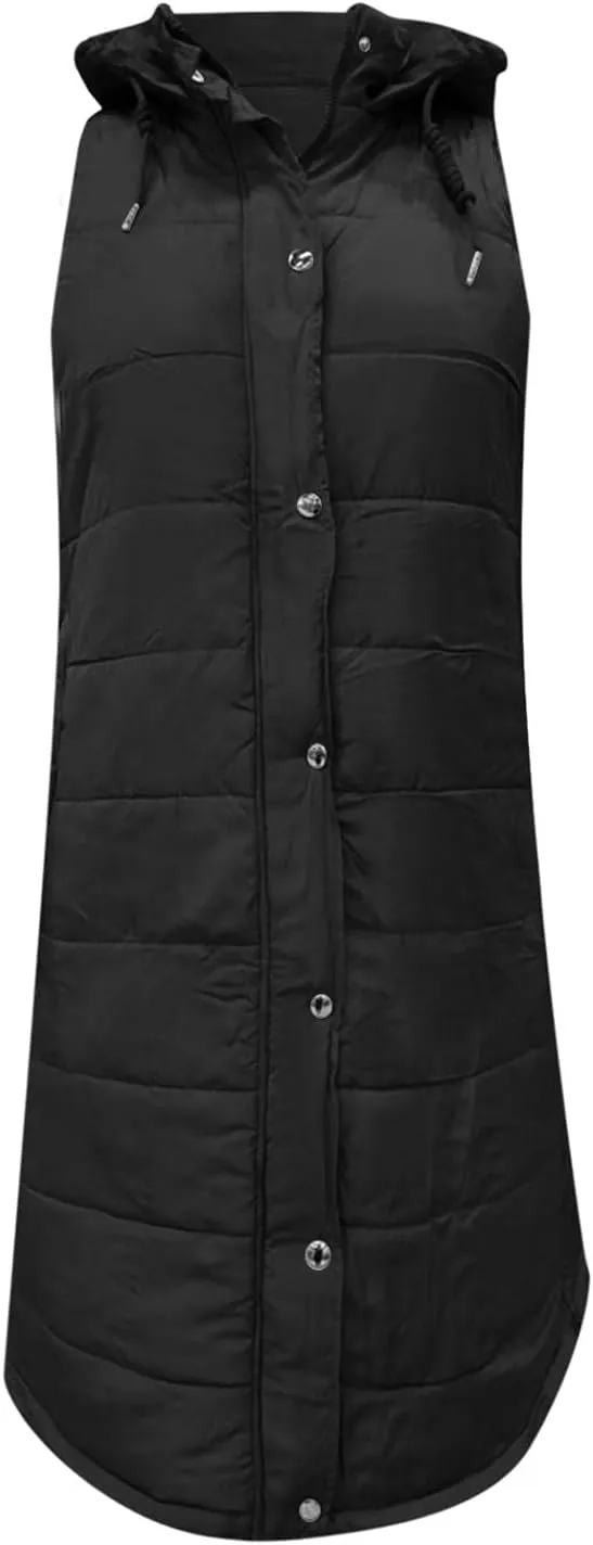 Womens Long Puffer Vest with Hood Fleece Sherpa Lined Jacket Casual Sleeveless Hooded Zip Up Quilted Vest Jacket