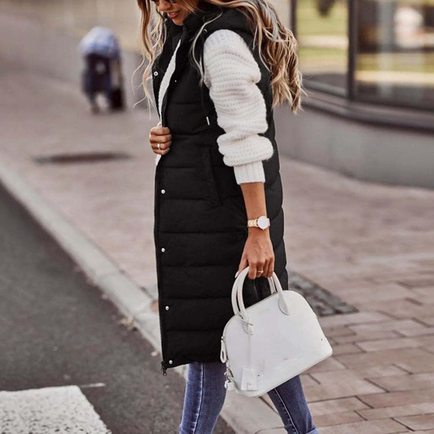 Womens Long Puffer Vest with Hood Fleece Sherpa Lined Jacket Casual Sleeveless Hooded Zip Up Quilted Vest Jacket