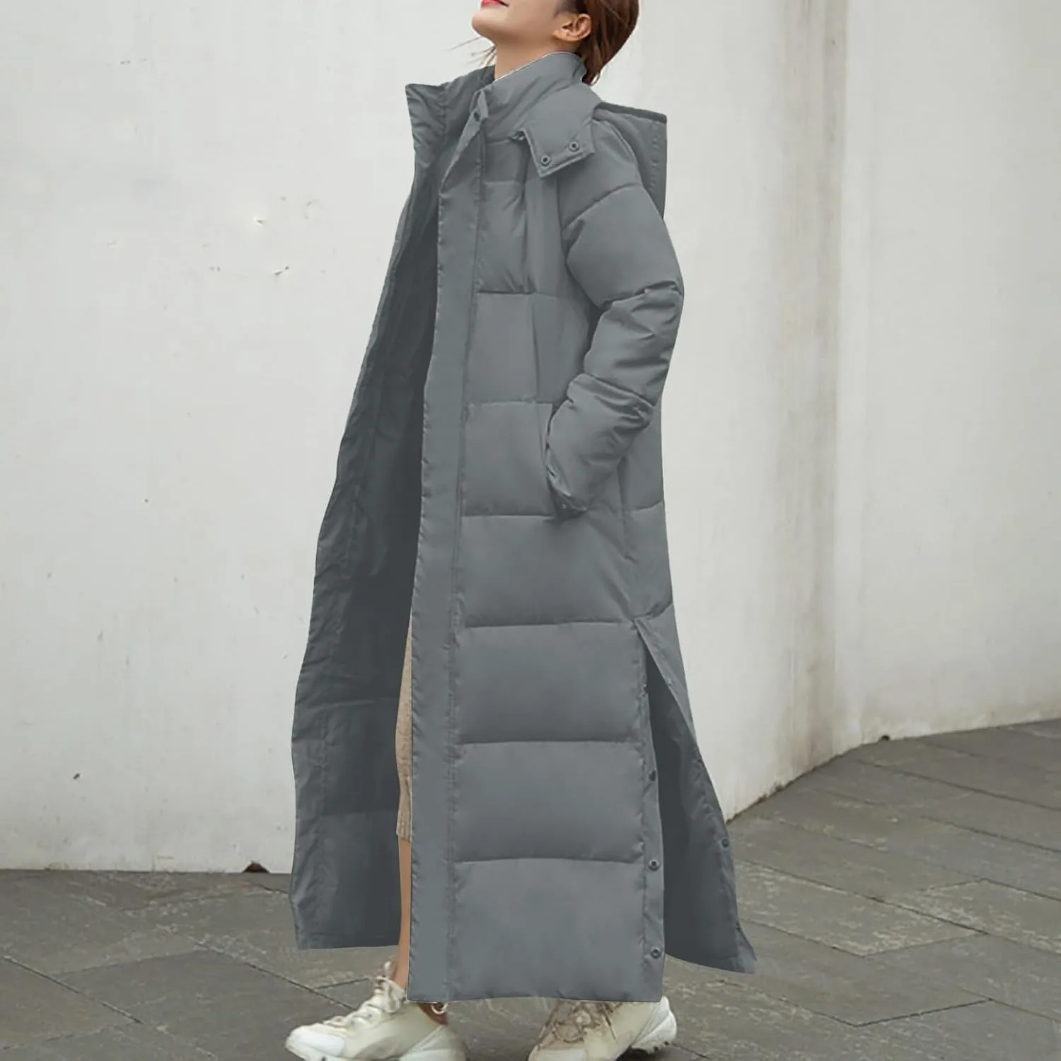 Women's Long Quilted Coat Maxi Length Hooded Puffer Jacket Side Split Thicken Padded Down Coats Winter Outerwear