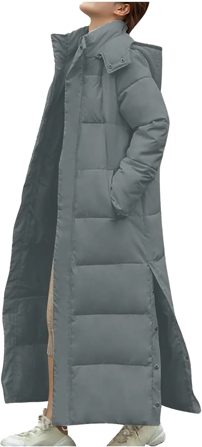 Women's Long Quilted Coat Maxi Length Hooded Puffer Jacket Side Split Thicken Padded Down Coats Winter Outerwear