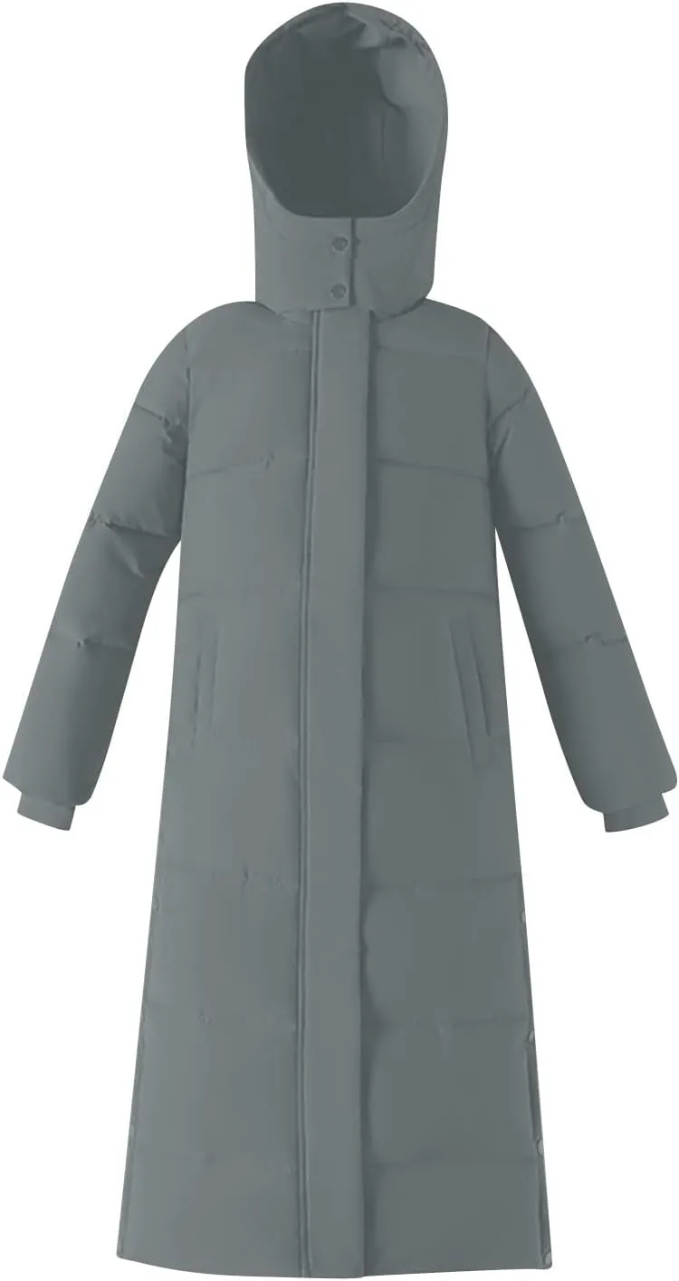 Women's Long Quilted Coat Maxi Length Hooded Puffer Jacket Side Split Thicken Padded Down Coats Winter Outerwear