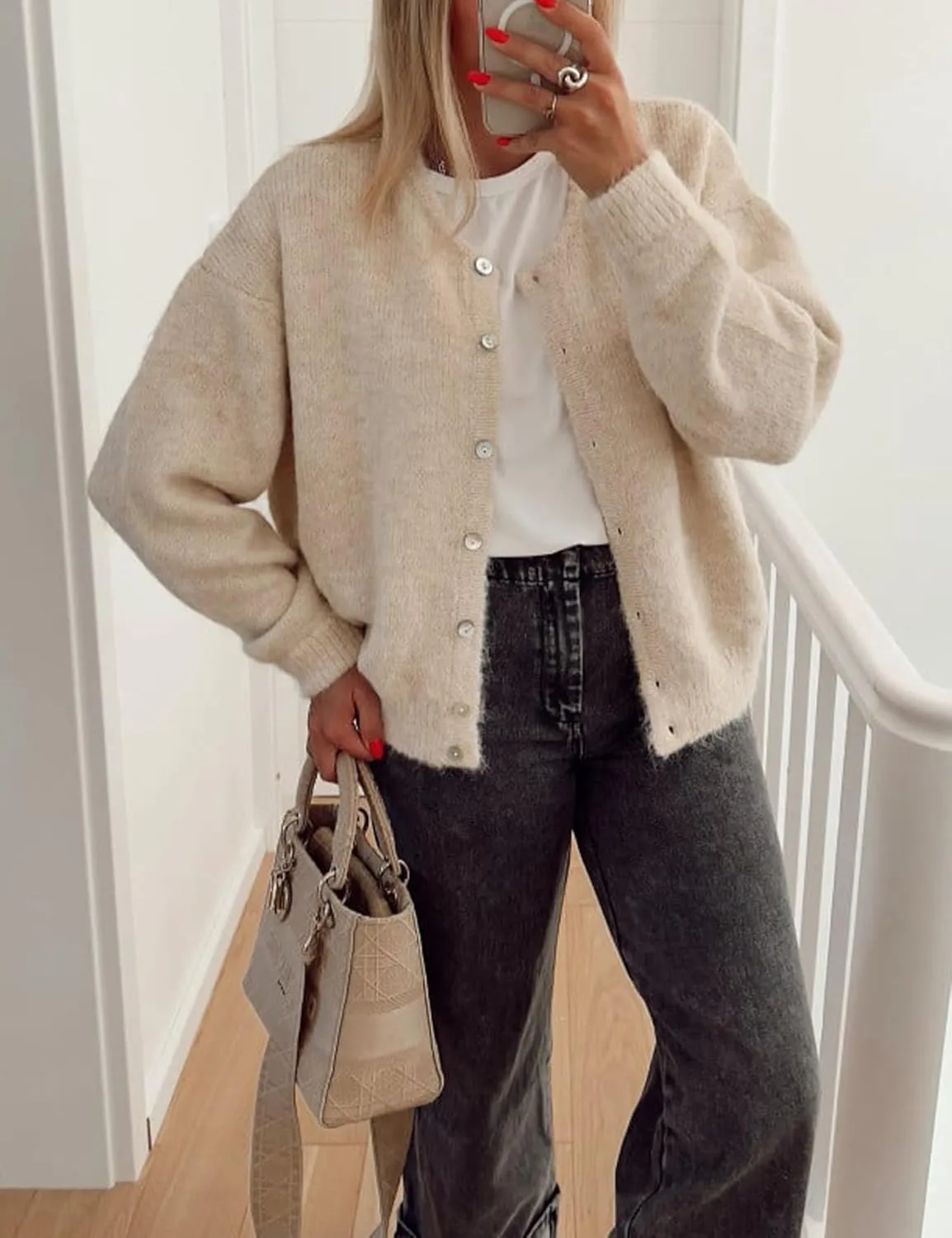 Women's Long Sleeve Front Button Y2k Cardigan Sweaters Crew Neck Loose 2025 Spring Tops