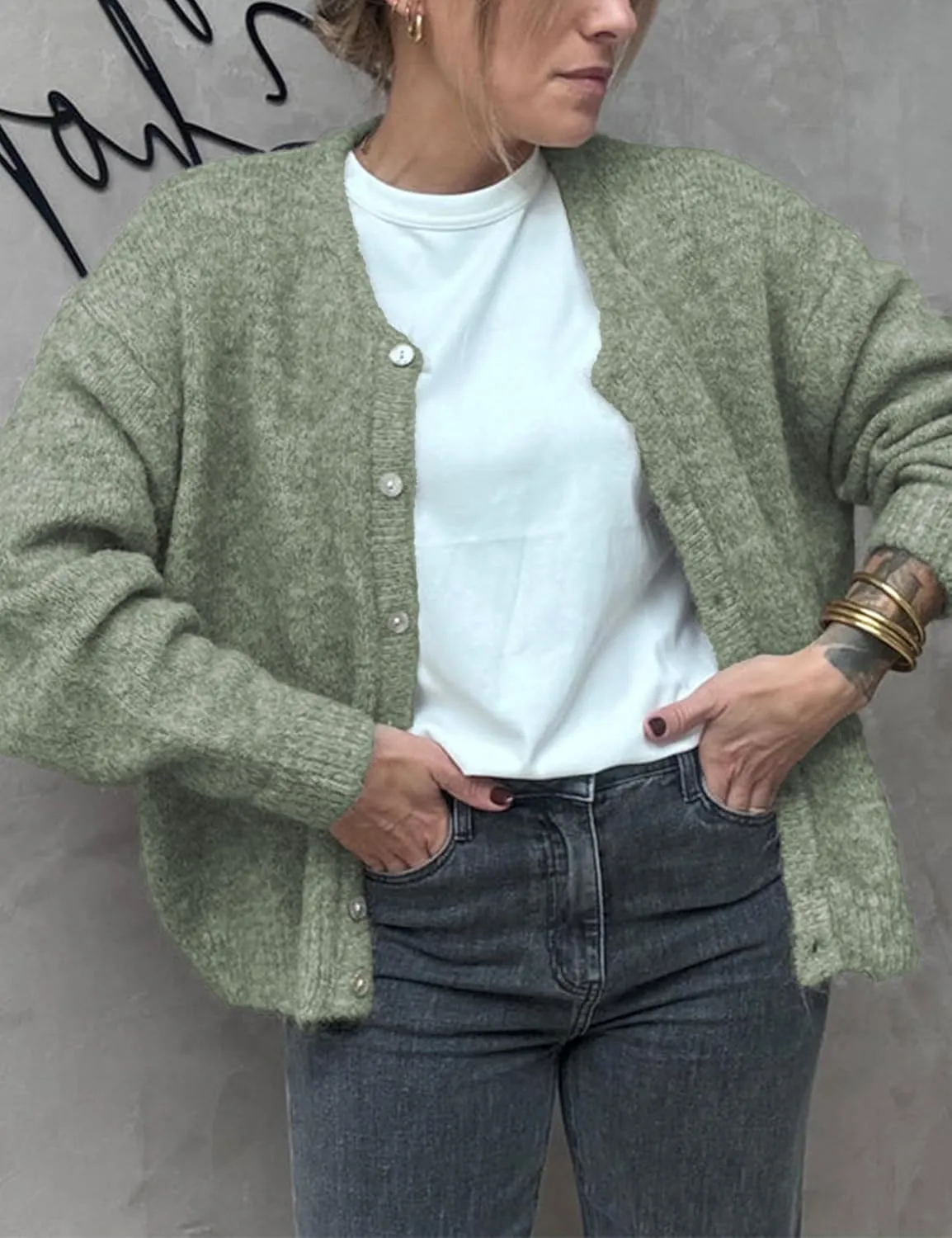 Women's Long Sleeve Front Button Y2k Cardigan Sweaters Crew Neck Loose 2025 Spring Tops