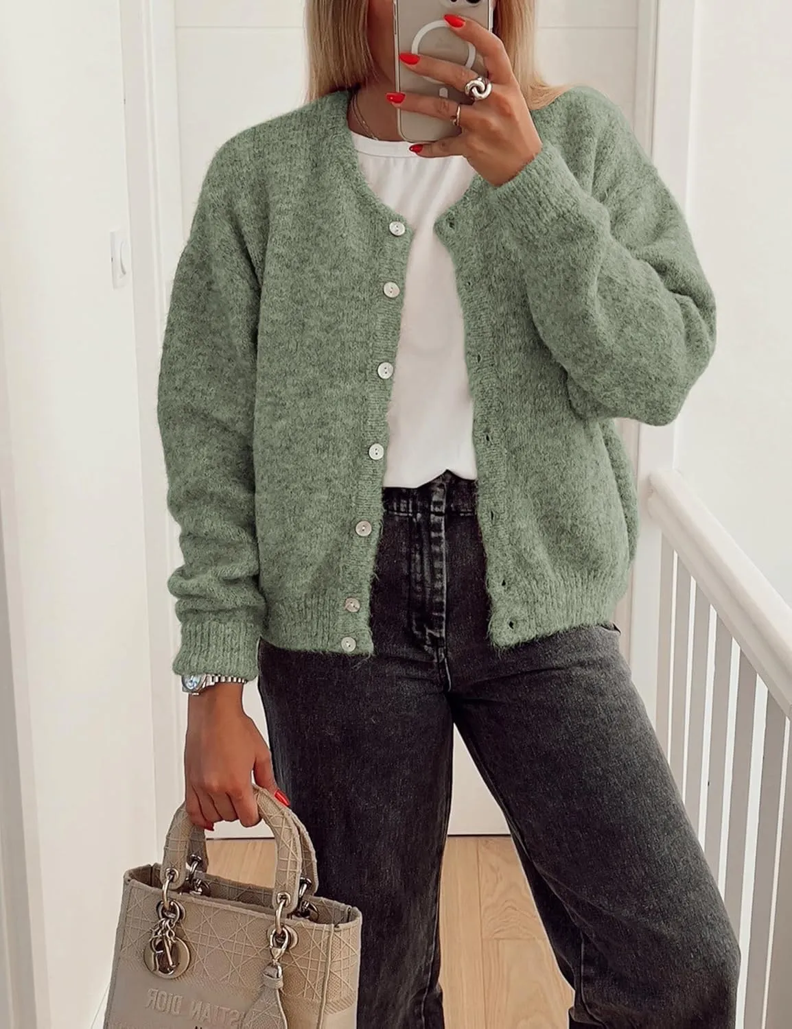Women's Long Sleeve Front Button Y2k Cardigan Sweaters Crew Neck Loose 2025 Spring Tops