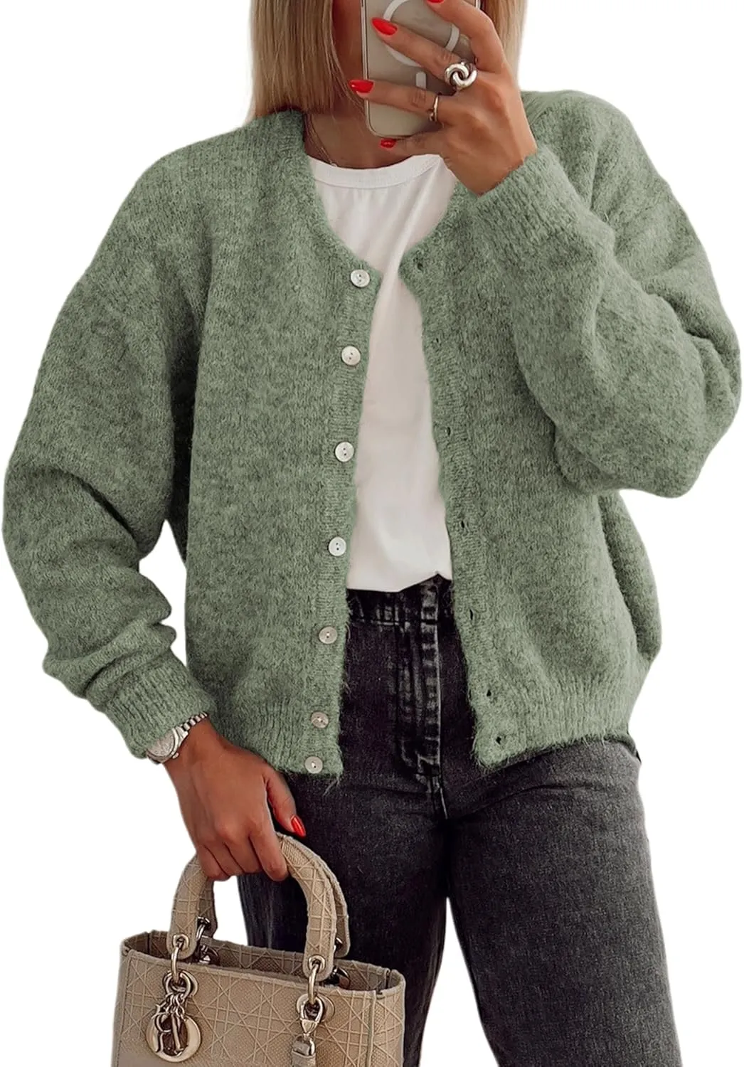Women's Long Sleeve Front Button Y2k Cardigan Sweaters Crew Neck Loose 2025 Spring Tops