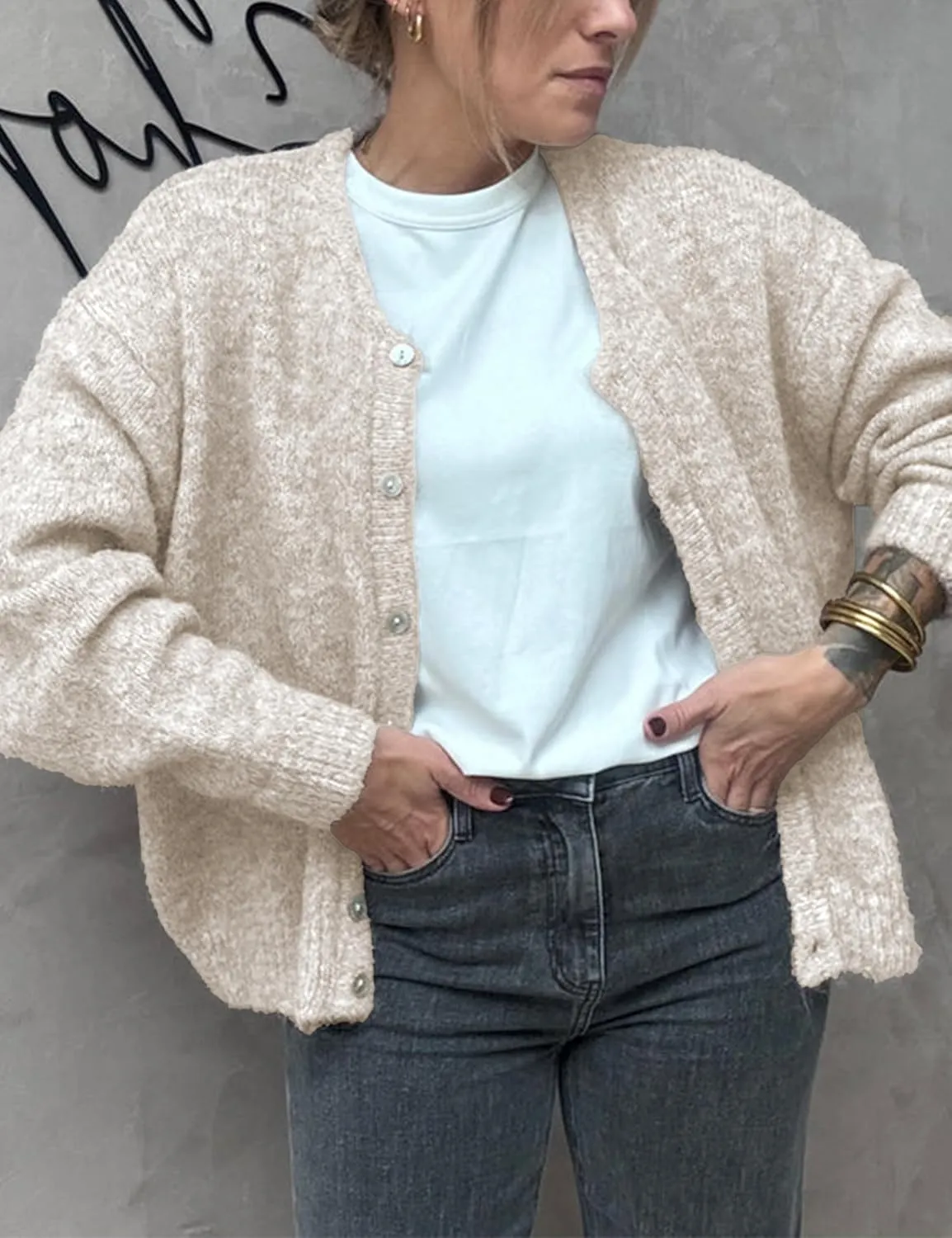 Women's Long Sleeve Front Button Y2k Cardigan Sweaters Crew Neck Loose 2025 Spring Tops