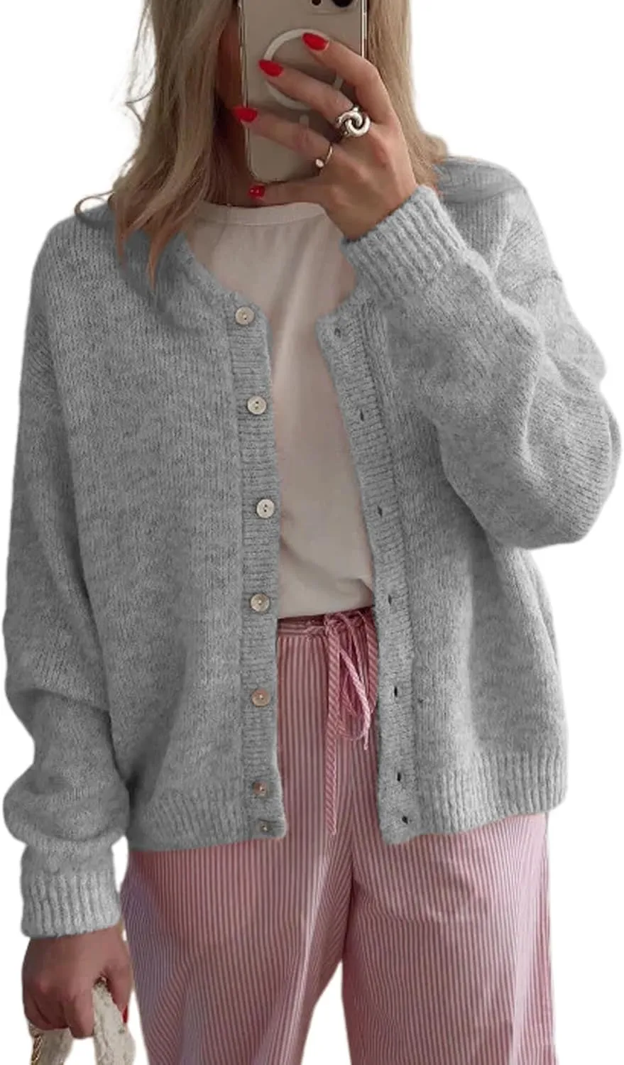 Women's Long Sleeve Front Button Y2k Cardigan Sweaters Crew Neck Loose 2025 Spring Tops