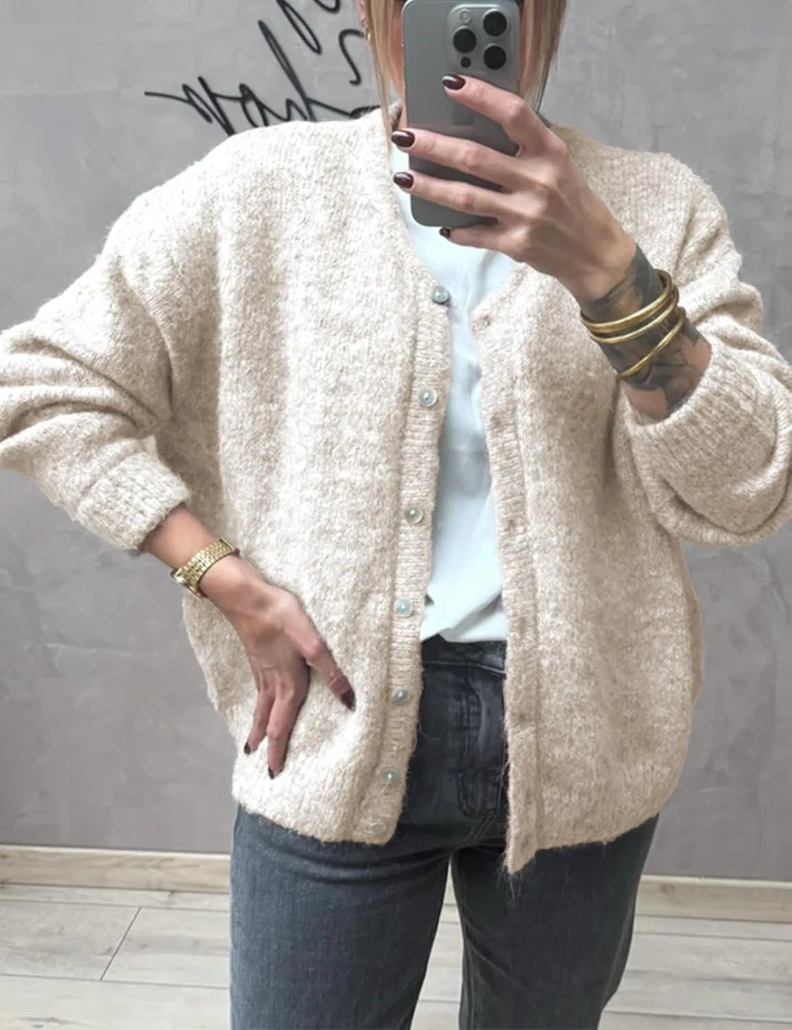 Women's Long Sleeve Front Button Y2k Cardigan Sweaters Crew Neck Loose 2025 Spring Tops