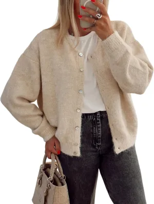 Women's Long Sleeve Front Button Y2k Cardigan Sweaters Crew Neck Loose 2025 Spring Tops