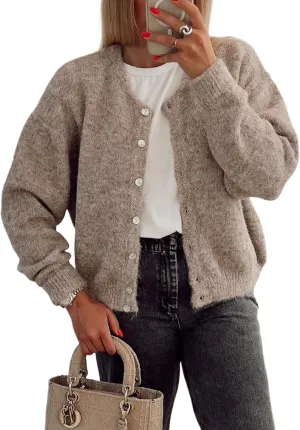 Women's Long Sleeve Front Button Y2k Cardigan Sweaters Crew Neck Loose 2025 Spring Tops