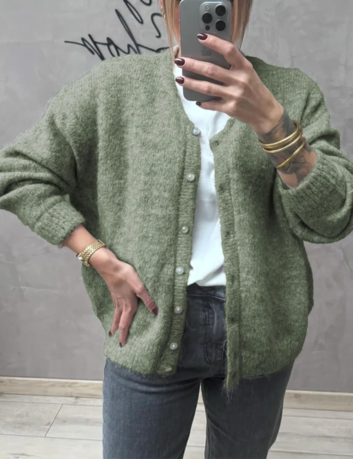 Women's Long Sleeve Front Button Y2k Cardigan Sweaters Crew Neck Loose 2025 Spring Tops