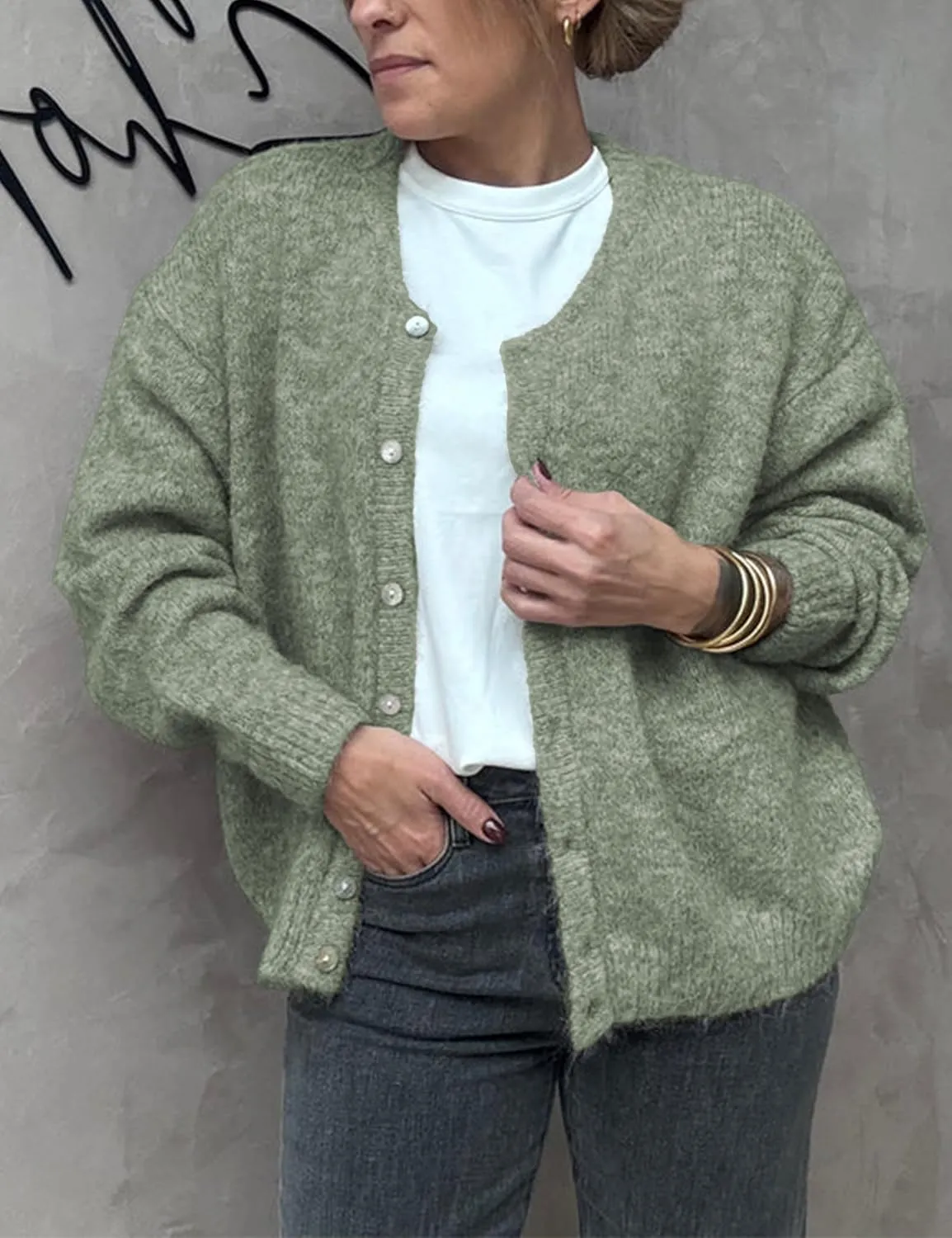 Women's Long Sleeve Front Button Y2k Cardigan Sweaters Crew Neck Loose 2025 Spring Tops