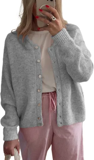 Women's Long Sleeve Front Button Y2k Cardigan Sweaters Crew Neck Loose 2025 Spring Tops