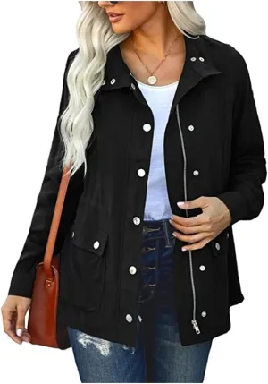 Womens Military Anorak Jackets Safari Utility Zip Up Lightweight Casual Fall Button Down Long Sleeve Coat with Pocket