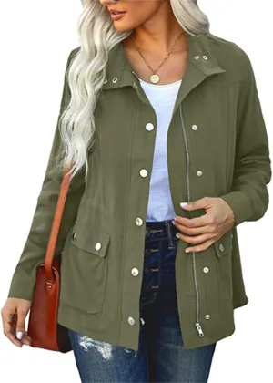 Womens Military Anorak Jackets Safari Utility Zip Up Lightweight Casual Fall Button Down Long Sleeve Coat with Pocket